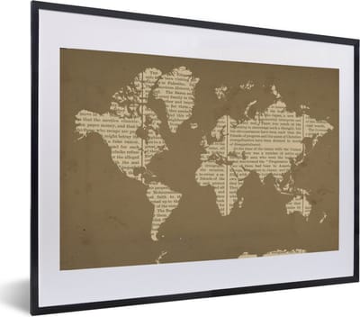 Poster in lijst - Fotolijst 60x40 cm - Posters - Wereldkaart - Boek - Bruin - Posterlijst zwart - Decoratie - Wanddecoratie woonkamer - Muurdecoratie slaapkamer