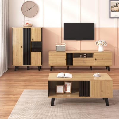 MODFU - Vitrinekast - LED-Verlichting En Glazen Deuren - Modern - Woonkamer - Spaanplaat - Zwart En Houtkleur - 80 x 120 x 40 cm
