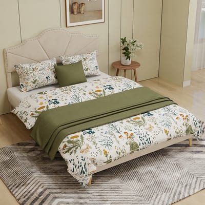 MODENUIT Gestoffeerd bed 160x200 cm – Geometrisch hoofdbord met siernagels – Laag bedframe – Zonder matras – Beige
