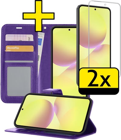 Hoesje - Met 2x Screenprotector - Geschikt voor Samsung Galaxy A36 - Luxe Pasjeshouder - Bookcase Portemonee - Flip Case - Kunstleer Book Case - Flipcase Hoes - Book Cover - Walletcase - Portemonneehoes - Telefoonhoesjes - Paars