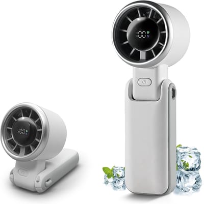 Draagbare handheld-turboventilator met digitaal display en 180° inklapbaar ontwerp — Instelbaar in 5 standen, via USB oplaadbare persoonlijke ventilator — Ideaal voor op reis, buitenactiviteiten en als zomergeschenk (Wit)