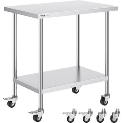 VEVOR roestvrijstalen werktafel, 610 x 914 x 954,6 mm, voorbereidingstafel met 4 wielen, 3 in hoogte verstelbare niveaus, voedselbereidingswerktafel voor professionele keukens en restaurants.
