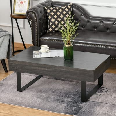 Wishdor Salontafel 110B x 60T x 40H cm, donkergrijs spaanplaat, zwart metalen frame, lade en open vakken, modern