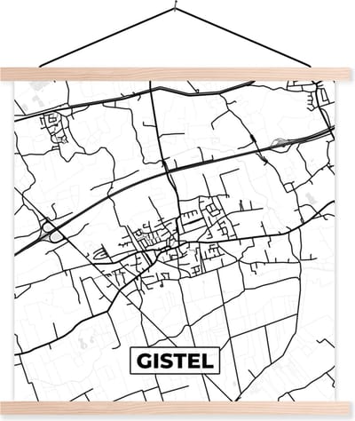 Posterhanger incl. Poster 40x40 cm - Schoolplaat - Plattegrond – Gistel – Zwart Wit – Stadskaart - Kaart - België - Textielposter - Blanke latten - Stadskaart