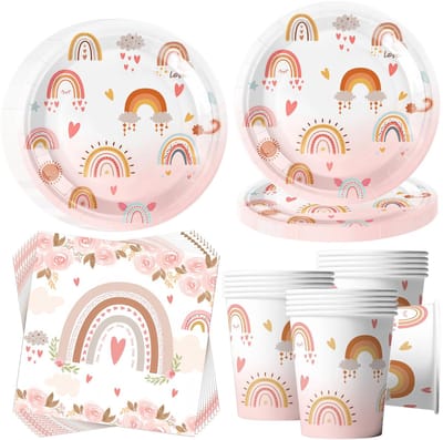 Dailygoods- Partyservies voor 16 gasten - 52-delige set - Regenboog borden - Papieren bekers - Servetten - Feestservies voor jongens/meisjes