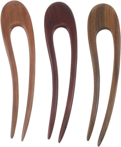 3 Stuks Sandelhout U-vormige Haarspelden - Grote Vintage Houten Haarclips voor Buns en Opsteken, Ideaal voor Feestjes en Dagelijks Gebruik
