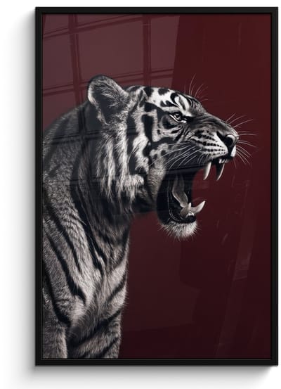 Poster in lijst - Fotolijst 80x120 cm - Posters - Tijger - Brult - Bordeaux - Posterlijst zwart - Decoratie - Wanddecoratie woonkamer - Muurdecoratie slaapkamer