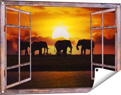 Gards Tuinposter Doorkijk Silhouet Olifanten tijdens Zonsondergang - 90x60 cm - Tuindoek - Tuindecoratie - Wanddecoratie buiten - Tuinschilderij