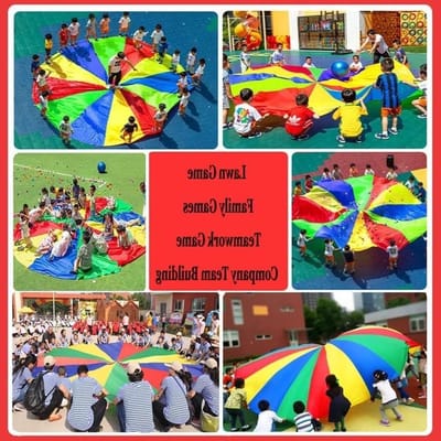 Opblaasbaar Speelgoed - Parachute Spel - Teamwerk Bevorderen - Versterkte Handvatten - 6 Meter - Regenboog