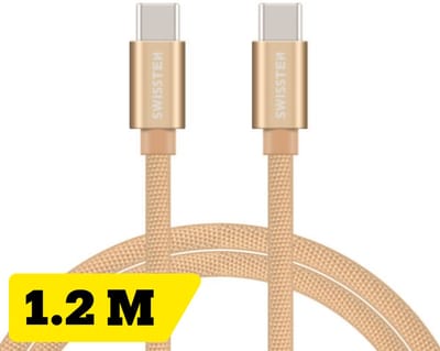 Swissten USB‑C naar USB‑C Oplaadkabel 1,2 meter – Power Delivery Snellader – voor Samsung, iPad, MacBook & iPhone 15,16,17 – Gevlochten Nylon – Goud