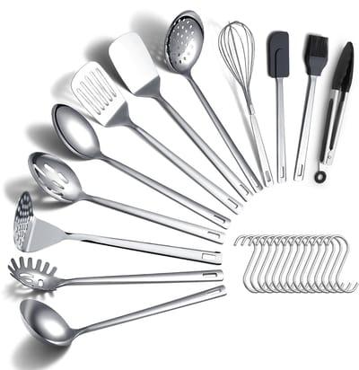 Dailygoods - roestvrijstalen kookgereiset 26-delig, zware stevige keukengereedschapsset met haken, metalen spatelset, duurzame spiegelgepolijste keukengerei voor alle kooktaken