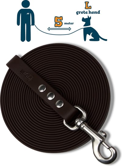 Miqdi BioThane® Sleeplijn 5 meter – zonder handvat – L/XL (19 mm) – donkerbruin – waterdicht & sterk