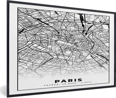 Fotolijst incl. Poster Zwart Wit- Kaart - Paris - Plattegrond - Parijs - Frankrijk - Stadskaart - Zwart wit - 60x40 cm - Posterlijst