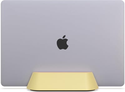 Famanu - Verticale laptopstandaard voor bureau, verstelbare verticale laptophouder, natuurlijk hout en zacht geel synthetisch materiaal desktop-dock voor laptop Pro, laptop, laptop en meer (1 cm - 3,8 cm)