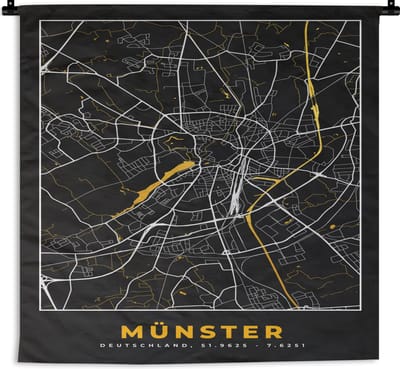 Wandkleed - Wanddoek - Münster - Stadskaart - Plattegrond - Kaart - Duitsland - Goud - 180x180 cm - Wandtapijt