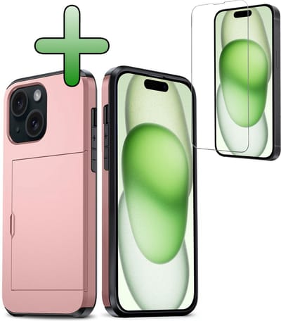 Hoes Geschikt voor iPhone 15 Hoesje Hard Case Met Pas Houder Met Screenprotector - Hoesje Geschikt voor iPhone 15 Hoes Shockproof Hard Cover Met Kaarthouder - Rosé goud