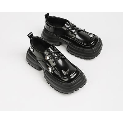 Loafers Dames Nieuwe Britse Stijl Casual Ronde Neus Riem Vlinder Metalen Gesp Muffin Dikke Zool Kleine Leren Schoenen 40 black