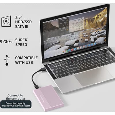 Qoltec Aluminium Behuizing |   2,5 inch HDD SSD-zakformaat |   SATA |   USB 3.0 |   Supersnelheid 5 Gb/s |   2 TB |   Roze