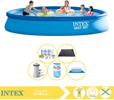 Intex Rond Opblaasbaar Easy Set Zwembad - 457 x 84 cm - Blauw - Inclusief Pomp - Onderhoudspakket - Filter - Grondzeil - Solar Mat - 6-delig