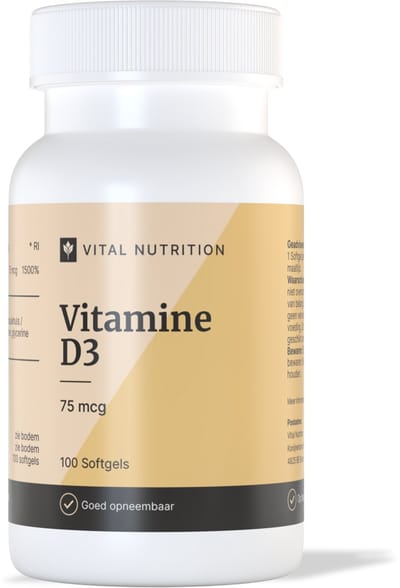 Vital Nutrition Vitamine D3 - 75 mcg/3000 IE - Als Cholecalciferol - Met olijfolie voor superieure opname - 100 softgels