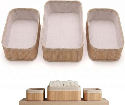 3 stuks gevlochten manden, bamboe opbergmanden met stoffen inzetstuk voor badkamer, make-up, tafelbladen, kast (1 x 32 x 22 x 12 cm en 2 x 21 x 15 x 10 cm)