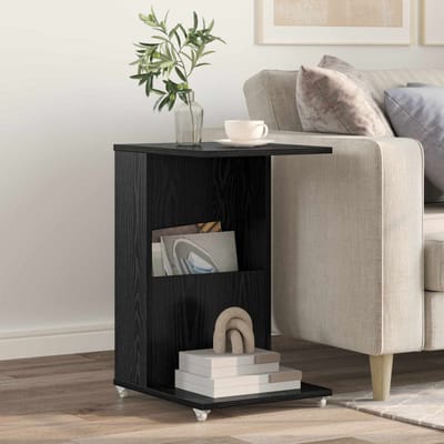 vidaXL - Bijzettafel - met - wiel - Zwart - Eiken - 40 - x - 35 - x - 60 - cm - Bewerkt - hout