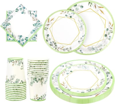 Sage Green Papieren Borden, Bekers en Servetten - 120-delig Set voor 30 Gasten, Perfect voor Jungle Thema Babyshower, Verjaardagsfeest en Bruiloft Decoraties