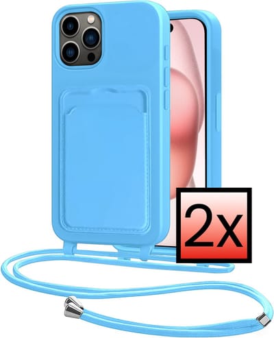 Hoes Geschikt voor iPhone 14 Pro Max Hoesje Pasjeshouder Cover Met Koord Case Siliconen Hoes Met Telefoonkoord en Kaarthouder - Lichtblauw - 2 PACK