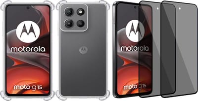 Hoesje + 2x Privé Screenprotector geschikt voor Motorola Moto G15 / G05 / E15 – Privacy Tempered Glass - Case Transparant