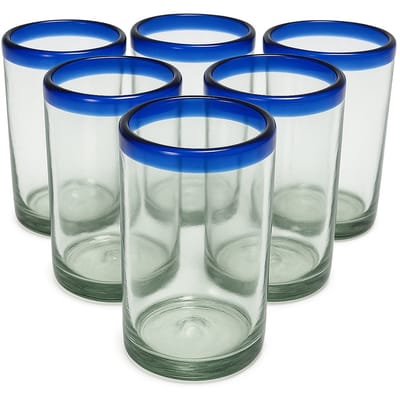 Azul Viento Handgeblazen Drinkglazen – Set van 6 – 400 ml – Duurzaam Gerecycled Loodvrij Glas met Blauwe Rand