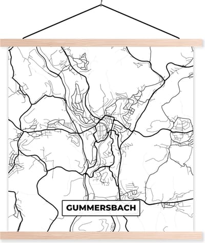 Posterhanger incl. Poster 40x40 cm - Schoolplaat - Plattegrond - Kaart - Gummersbach - Stadskaart - Textielposter - Blanke latten - Stadskaart