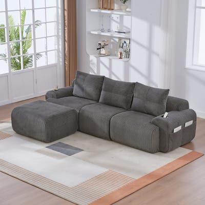Wishdor Modulaire 3-Zits Bank Met Hocker - Bekerhouder En Opbergvak - Modern Ontwerp Voor Woonkamer - Ribstof - Donkergrijs - 268 X 174 X 80 Cm