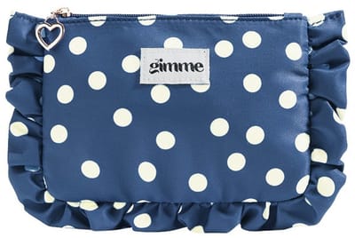 Toilet en make-uptasje Julie – donkerblauw/ecru met stippen - etui met ruffles en ritssluiting - 19 x 13 cm