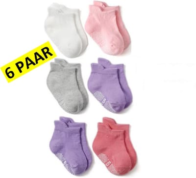 Actie4you® - Baby Sokken met Antislip Zool – Maat 21 tot 24 (1-3 jaar) – 6 Paar – Jongens – Enkel sokjes – Roze mix