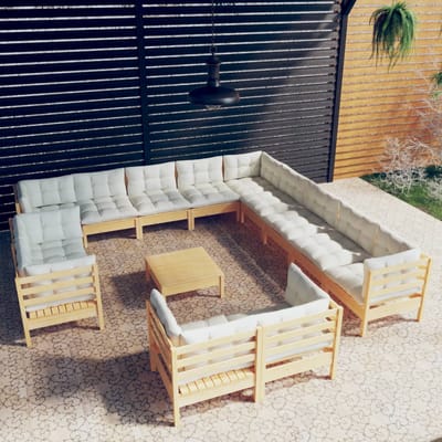 vidaXL - 14-delige - Loungeset - met - crèmekleurige - kussens - grenenhout