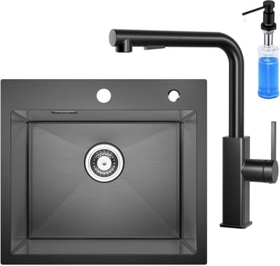 CECIPA max Spoelbak Met Kraangat - 50x45cm Spoelbak Keuken Met Keukenkraan en Zeepdispenser 300ML - Enkele spoelbak - Spoelbakken met afdruip - Spoelbakken Keuken - Antraciet