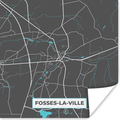 Poster Plattegrond – Fosses la Ville – Blauw – Stadskaart - Kaart - 100x100 cm XXL