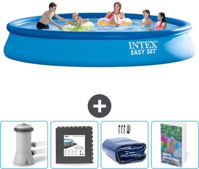 Intex Rond Opblaasbaar Easy Set Zwembad - 457 x 84 cm - Blauw - Inclusief Pomp Vloertegels - Solarzeil - Zwembadgids