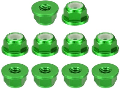 10 Stuks Nylon Inserts, Hex Lock Moeren - M4 x 0.7mm Aluminium Legering, Zelfsluitende Moer, Geanodiseerde Flensmoer voor Bevestigingsmaterialen (Groen)