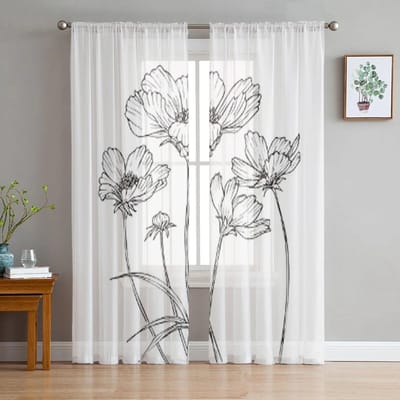 Bloemen Abstract Zwart-Wit Tule Gordijnen Voor Woonkamer Transparant Gordijn Slaapkamer Sluier Organza Decoratieve Raamdecoraties 135W x 114H(cm)