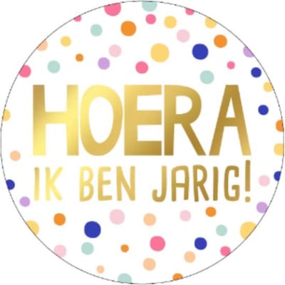 30 Cadeaustickers: Hoera ik ben jarig! - Ronde sticker 5 cm- Cadeauversiering- Sluitzegel- Traktatiesticker- Wensetiket- Confetti