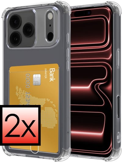 Hoesje - 2 Stuks - Geschikt voor Apple iPhone 17 Pro - Met Pashouder en Kaarthouder - Telefoon Hoes Shockproof - Siliconen Case - Back Cover - Shock Proof - Pasjes Houder - Transparant