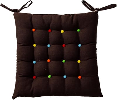 Katoenen linnen stoelkussen, vierkant, met strikjes, kleurrijke pompons, antislip zitkussen voor eetkamer- en keukenstoelen (bruin, 1 stuk)