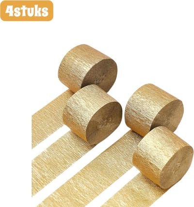 4 rollen - Cadeaupapier - Crêpepapier slingers - Feestelijk decoratief papier - Voor verjaardagen, bruiloften en schoolfeesten - Knutselpapier - 25 meter x 4,5 cm breed - Goud