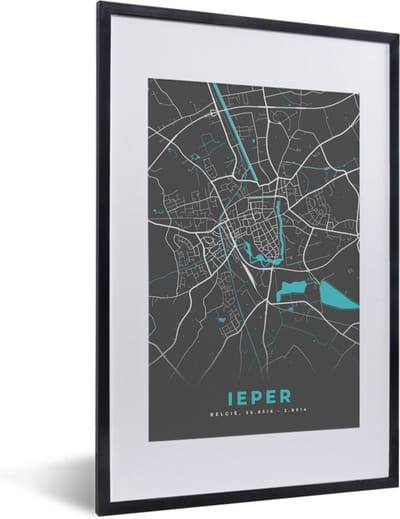 Fotolijst incl. Poster - Plattegrond – Ieper – Blauw – Stadskaart - Kaart - België - 40x60 cm - Posterlijst