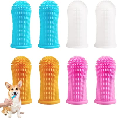 Set van 8 hondenvingertandenborstels van siliconen voor optimale tandverzorging, 360º ontwerp voor puppy's en kleine huisdieren, verkrijgbaar in 4 kleuren