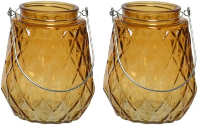 Decoris Waxinelichtjes houder - 2x stuks - ruitjes glas - oranje - 11 x 13 cm - handvat - Sfeer kaarsen