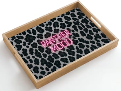 Dienblad hout 50x35 cm - Schootdienblad - Panterprint - Zwart - Neonletters - Roze - Borrelplank rechthoek - Plateau dienbladen