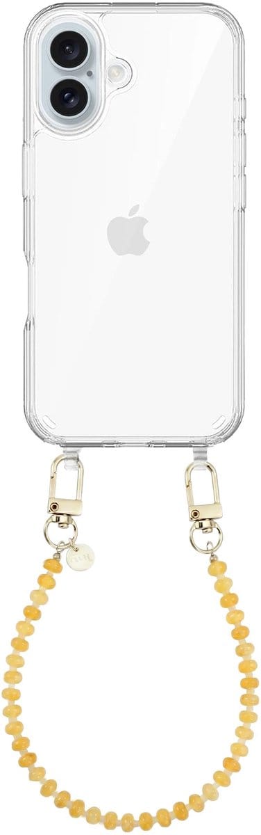 xoxo Wildhearts siliconen hoesje geschikt voor iPhone 17 - Dusty Yellow - Kort koord - Telefoonhoesje - Hoesje met koord - Kralenketting - Geel telefoonkoord - Transparant hoesje