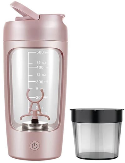 Elektrische blenderbeker, 601-700 ml inhoud, met poederreservoir, draagbaar, 1200 mAh capaciteit, geschikt voor smoothies en eiwitpoeder, roze.
